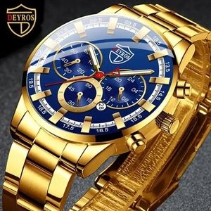 New mens goldtone blue dial casual or formal wear. Fits 8" wrist adjustable band
